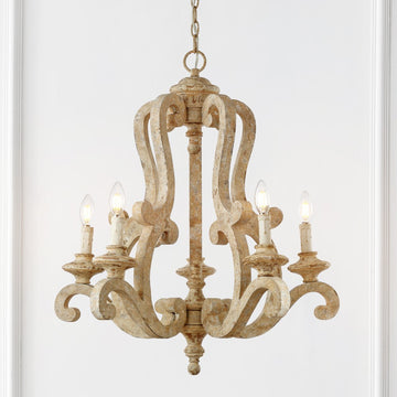 Oria 27" Adjustable Wood/Iron Rustic Scrolled LED Chandelier - JONATHAN Y